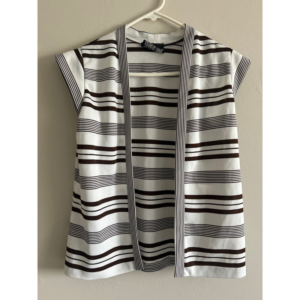 Vintage Strait Lane Brown White Striped Vest Open Front Knit Cardigan Vest
